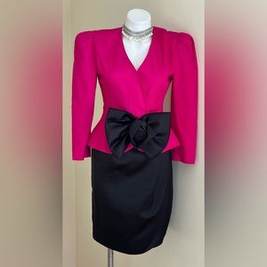Vintage Black Satin Midi Skirt & Fuchsia Pink W Black Rose Bow Jacket Set NoTag.